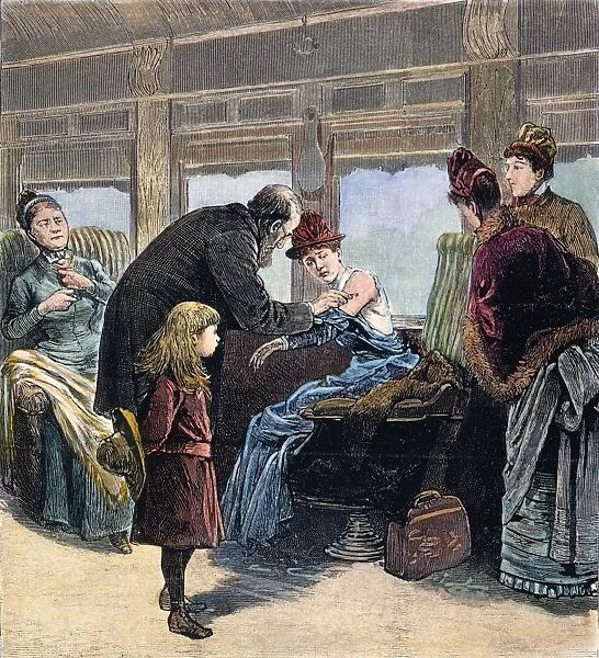 A physician vaccinating American-bound passengers on a railroad train from Montreal, Canada, site of a smallpox epidemic. Wood engraving, 1885
