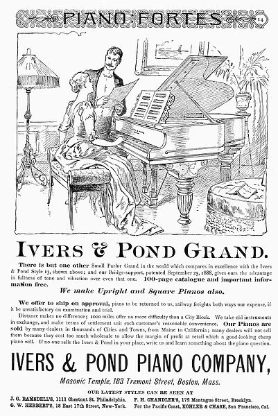 PIANO ADVERTISEMENT, 1890. American advertisement, 1890, for Ivers & Pond pianos