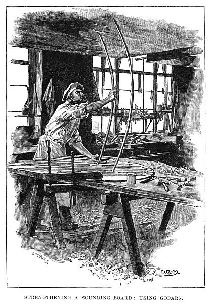 PIANO MANUFACTURE, 1901. A worker strengthening a sounding board at a factory in England