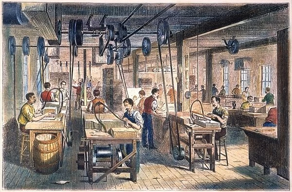 PIANO MANUFACTURING, 1878. View in the action room of the Chickering Pianoforte Manufactory, New York City: colored engraving, 1878