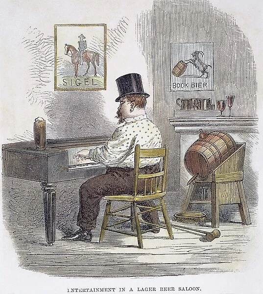 The piano player in a German beer hall in New York City. Wood engraving, 1864