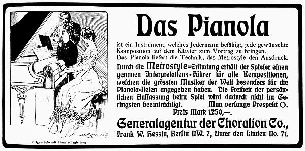 PIANOLA ADVERTISEMENT, 1905. German newspaper advertisement, 1905, for Choralian pianolas