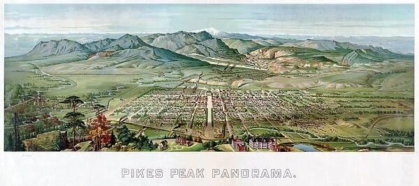 PIKEs PEAK, 1890. Panoramic view of Pikes Peak in Colorado. Lithograph by Henry Wellge