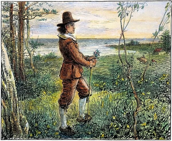 PILGRIM, 1620s. John Alden, one of the Pilgrim settlers of the Plymouth colony, founded in 1620. Illustration from a 19th century American edition of Henry Wadsworth Longfellows poem The Courtship of Miles Standish