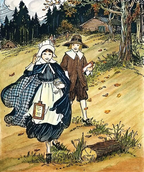 PILGRIM SCHOOLCHILDREN with their hornbooks. Pen-and-ink drawing by L. Kate Deal