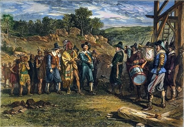PILGRIMS: MASSASOIT. The Pilgrims receiving Massasoit, Grand sachem of the Wampanoag Native Americans, with great honor. Color engraving, 19th century