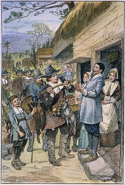 PILGRIMS: THANKSGIVING, 1621. After the first harvest of the colonists at Plymouth, in 1621, Governor Bradford sent four men out fowling, that they might after a more special manner rejoice together. American engraving, 19th century, drawn by W. F. Sheppard