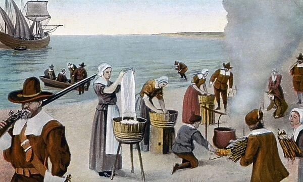PILGRIMS WASHING DAY, 1620. The pilgrims first washing day, Monday, 23rd November 1620 at Provincetown, Cape Cod, Massachusetts