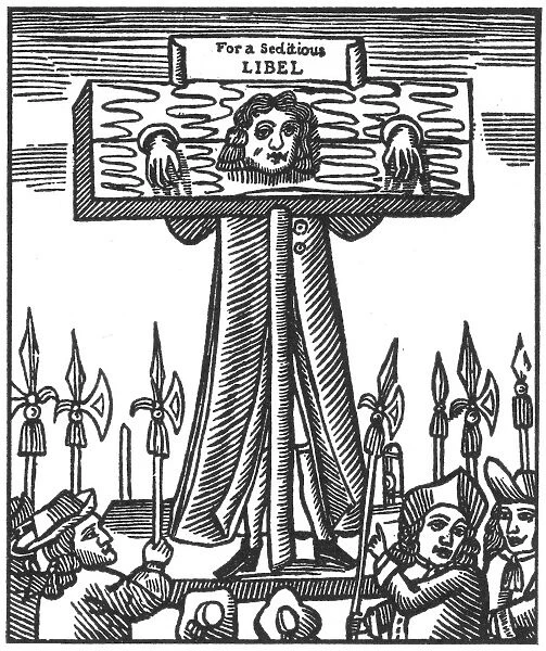 PILLORY, ENGLAND, 17th CT. A man accused of seditious libel is punished with the pillory: woodcut, English, 17th century