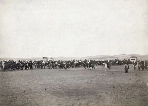 PINE RIDGE: CATTLE, 1891. A long row of Lakota Sioux men preparing to rope cattle