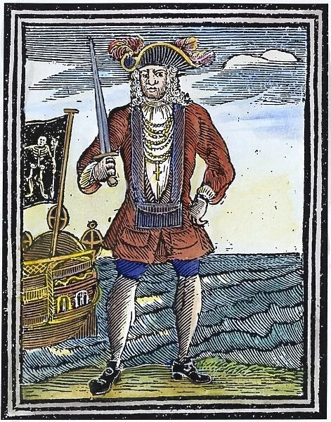 PIRATE, 1725. The pirate Bartholomew Roberts. Colored English woodcut, 1725