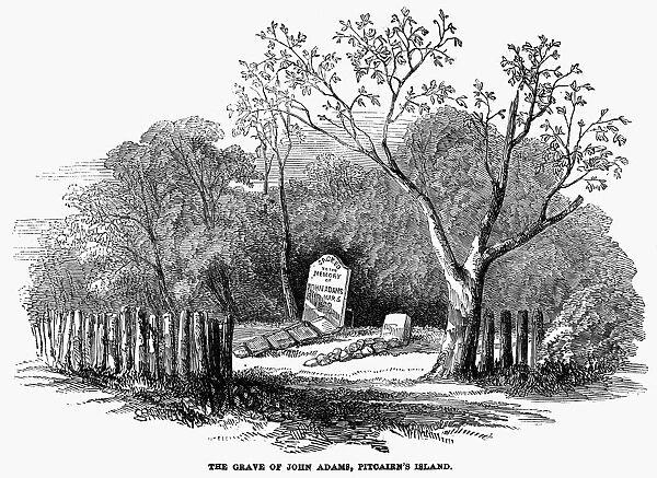 PITCAIRN ISLAND, 1852. The grave of John Adams, alias Alexander Smith, the last surviving mutineer of HMS Bounty, at Pitcairn Island. Wood engraving