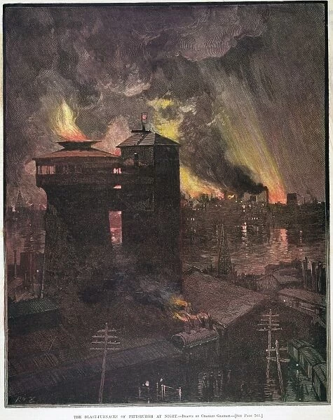 PITTSBURGH: FURNACES, 1885. The blast furnaces of Pittsburgh, Pennsylvania, at night. Wood engraving, American, 1885