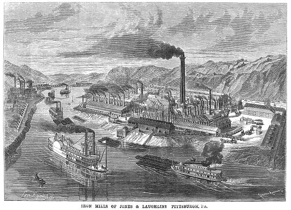 PITTSBURGH: IRON MILLS. The iron mills of Jones and Laughlin at Pittsburgh, Pennsylvania. Line engraving, 1869