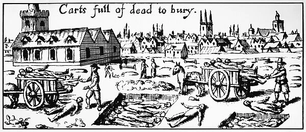 PLAGUE OF LONDON, 1665. Burying the dead in mass graves. Engraving from a contemporary English broadside reporting on the Great Plague of London, 1665