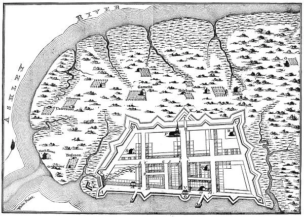 Plan, 1704, showing the rice patch (W), in the rear of Governor Landgrave Smiths house, which is noted as the first rice field in South Carolina