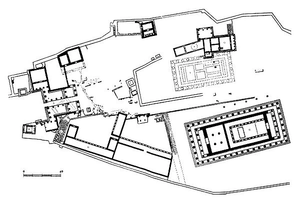 Plan of the Acropolis in Athens, Greece, as it appeared in the 5th century B. C. A) Propylaia B) Temple of Athena Nike C) Mycenaean fortifications D) Brauroneion E) Statue of Athena Promachos F) Site of the former temple of Athena G) Erechtheion H) Parthenon