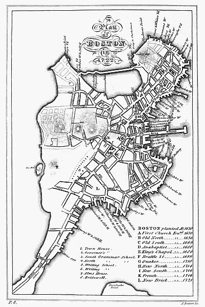 The plan of Boston in 1722. Contemporary map engraving