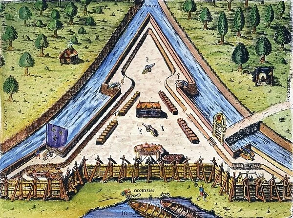 Plan of Fort Caroline on the St. Johns River, built by the second French expedition to Florida in 1564. Colored engraving, 1591, by Theodor de Bry after a now lost drawing by Jacques Le Moyne de Morgues