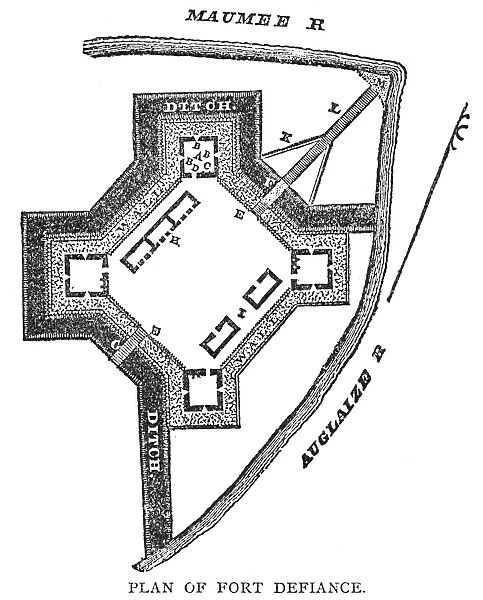 Plan of Fort Defiance, constructed in 1794 under General Anthony Wayne, at the confluence of the Maumee and Auglaize Rivers in northwestern Ohio. American woodcut, 1843, after a sketch made in 1794