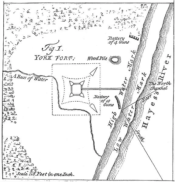 The plan of Fort York, Red River Valley, in present-day Manitoba. Line engraving, English, 1752