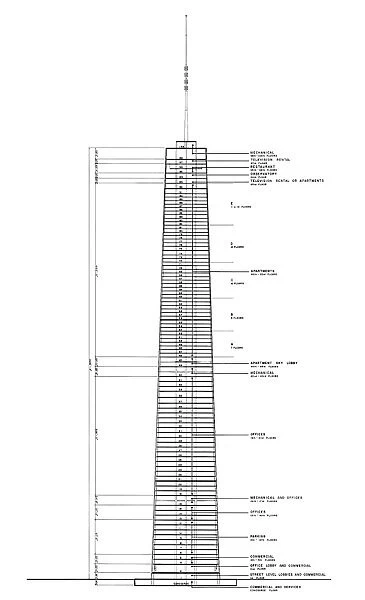 A plan of the John Hancock Center in Chicago, Illinois, designed by Bruce Graham and constructed between 1965 and 1970. Drawing