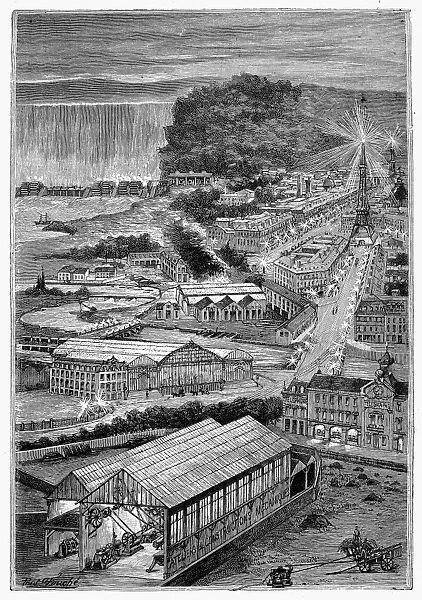 A plan for a model city to be powered solely by hydroelectric power generated by the waterfall shown at the upper left. Line engraving, French, late 19th century