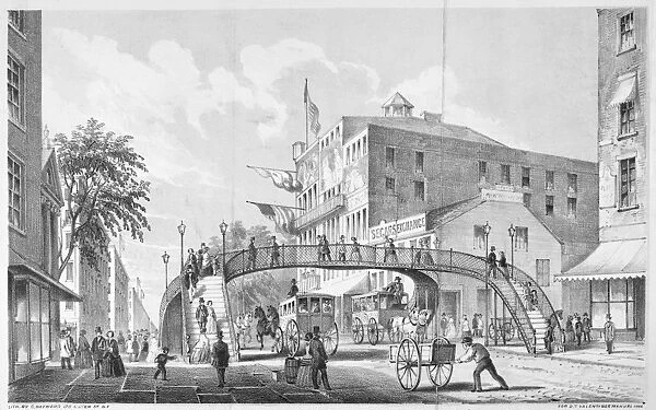 Plan for a pedestrian bridge over Broadway to ease traffic problems, presented in 1852 by John T. Dodge, Street Commissioner. Lithograph, 1856