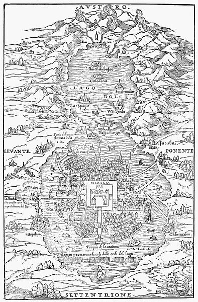 Plan of Tenochtitlan (City of Mexico) at the time of the Spanish Conquest. Woodcut, 1556