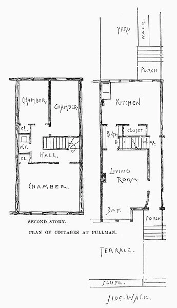 Plan of a typical cottage at the planned community of Pullman, Illinois, founded by George Pullman in 1885 for workers of his railroad company. Line engraving, 19th century