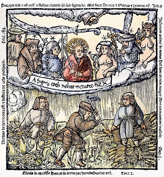 PLANETS AND FARMERS, 1524. The seven planets as protectors of farmers. Woodcut by V