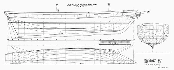 Plans of a Baltimore clipper brig, 1845. This type of brigantine was used by privateers in the War of 1812