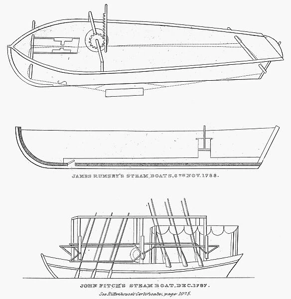 Plans of James Rumseys steamboat, 1788, top two, and of John Fitchs steamboat with oars of 1787