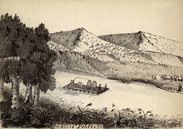 PLATTE RIVER, 1859. Covered wagons being ferried down the Platte River in Wyoming