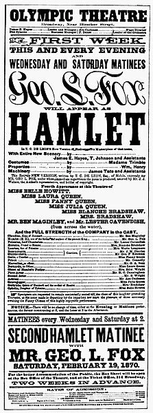 PLAYBILL, 1860s. American playbill, early 1860s, promoting a production of Hamlet