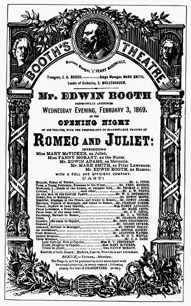 PLAYBILL, 1869. Opening night for a production of Romeo and Juliet at Edwin Booths Theatre