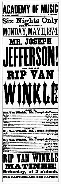 PLAYBILL, 1874. Joseph Jefferson in the title role of Rip Van Winkle at the Academy