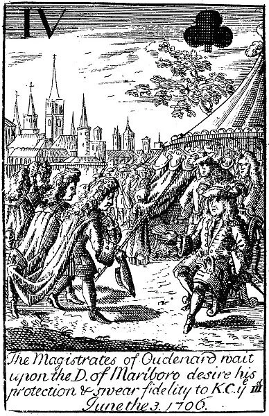 PLAYING CARD, 1707. The magistrates of Oudenard wait upon the Duke of Marlborough