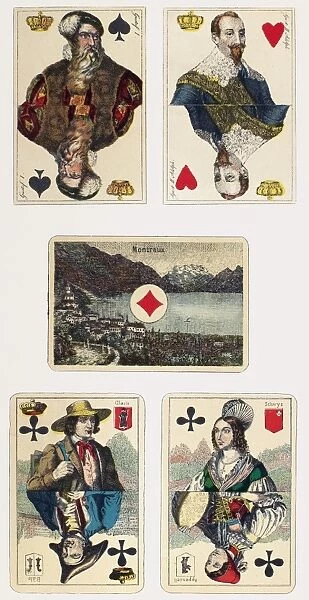 PLAYING CARDS, 1878-1880. Two Swedish playing cards (top), and three Swiss ones