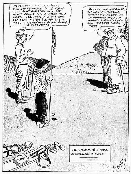 He Plays the Boss a Dollar a Hole. American cartoon, 1931, by Harold T. Webster featuring his Timid Soul, Caspar Milquetoast