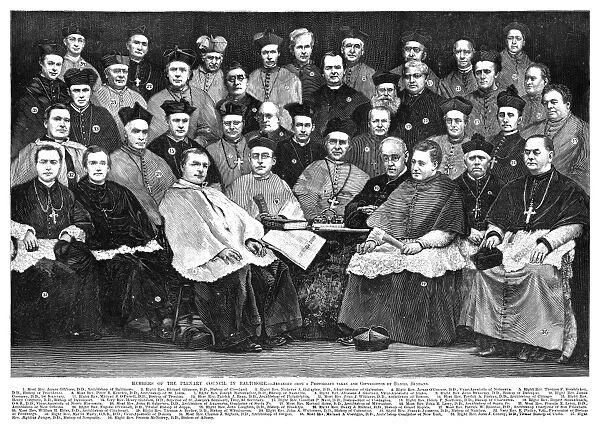 The Third Plenary Council of Baltimore, 1884, a national meeting of Roman Catholic bishops in Baltimore, Maryland, presided over by Archbishop James Gibbons (back row, center, labeled 1). Engraving, American, 1884