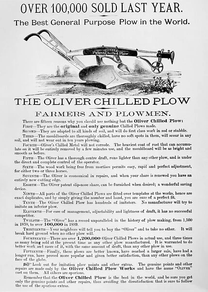 PLOW: ADVERTISEMENT, 1889. American newspaper advertisement, 1889, for the Oliver Chilled Plow made by Oliver Chilled Plow Works of South Bend, Indiana