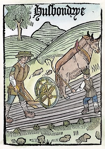 PLOWING, 1523. Woodcut title page of The Boke of Husbandrie, the first book