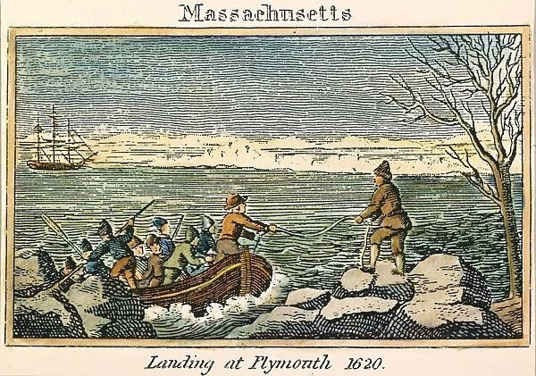 PLYMOUTH ROCK: LANDING. The Landing of the Pilgrims on Plymouth Rock in December 1620: colored engraving, American, 1829