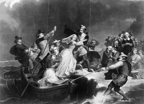 PLYMOUTH ROCK. The Landing of the Pilgrims at Plymouth Rock, 1620. Steel engraving