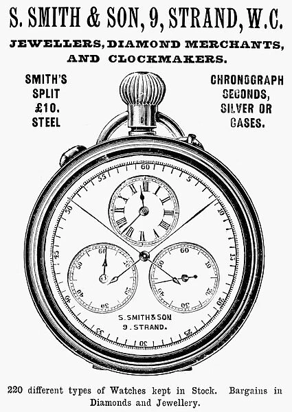 POCKET WATCH, 1895. English newspaper advertisement, 1895, for pocket watches by S. Smith & Son, London