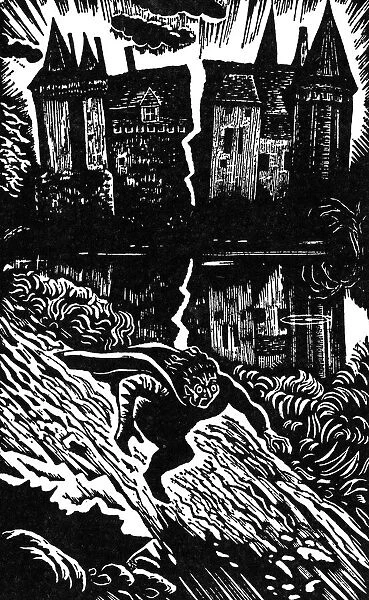 POE: HOUSE OF USHER, 1839. Fall of the House of Usher by Edgar Allan Poe. Wood engraving, 1938, by Douglas Percy Bliss