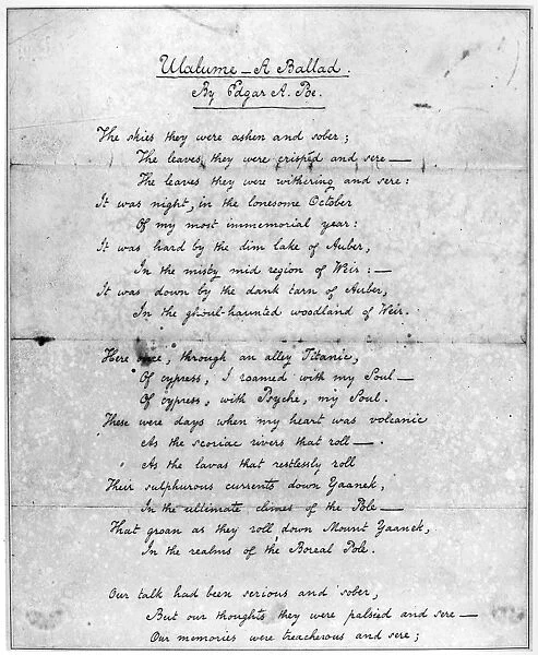 POE: ULALUME, 1847. Manuscript of the poem Ulalume, 1847, by Edgar Allan Poe
