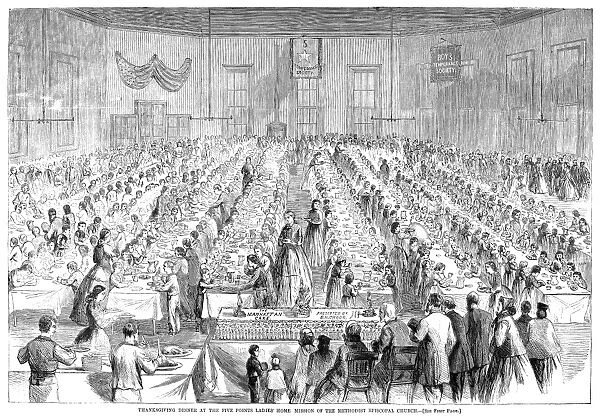 FIVE POINTS MISSION, 1865. Thanksgiving dinner at the Five Points Ladies Home Mission of the Methodist Episcopal Church in New York City. Wood engraving, American, 1865