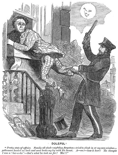 POLICE CARTOON, 1860. Mistaking an honest householder for a burglar